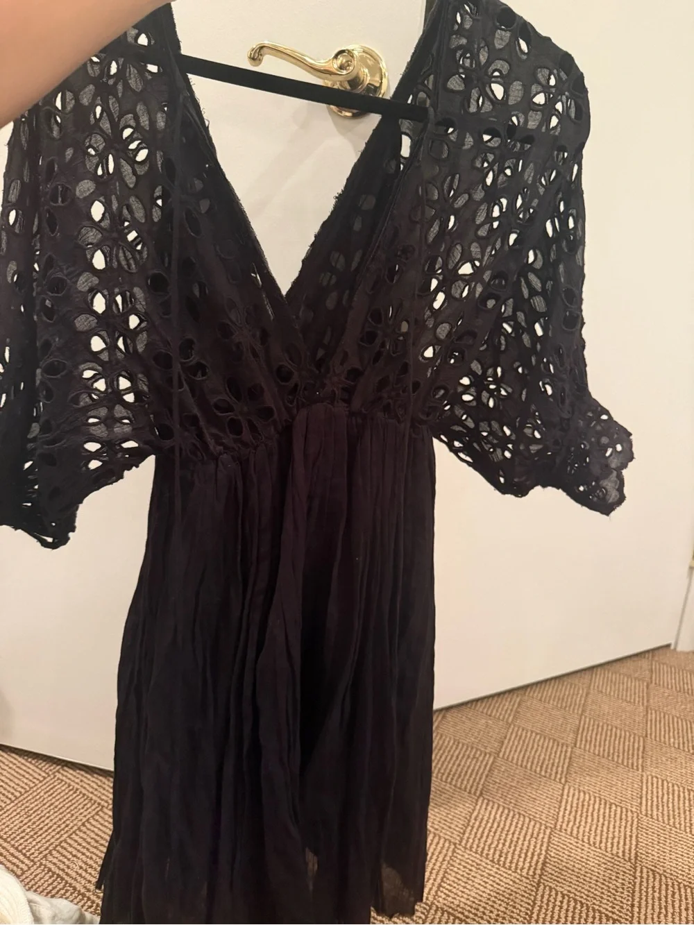 Free People Black Eyelet Puff Sleeve Mini Dress